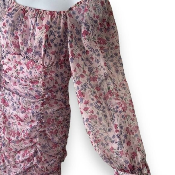 Pink Floral Ruffle Hem Ruched Bodycon Dress - Picture 6 of 10